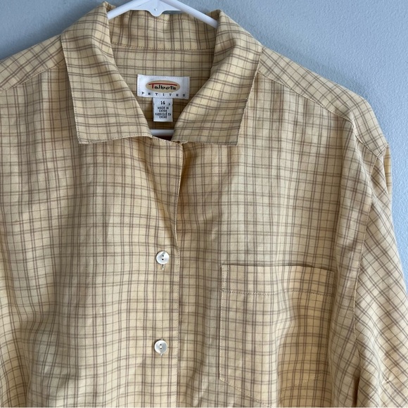 Talbots Silk Linen Button Up Shirt Plaid Gray Yellow Petite Sz 14 Office - Picture 9 of 13